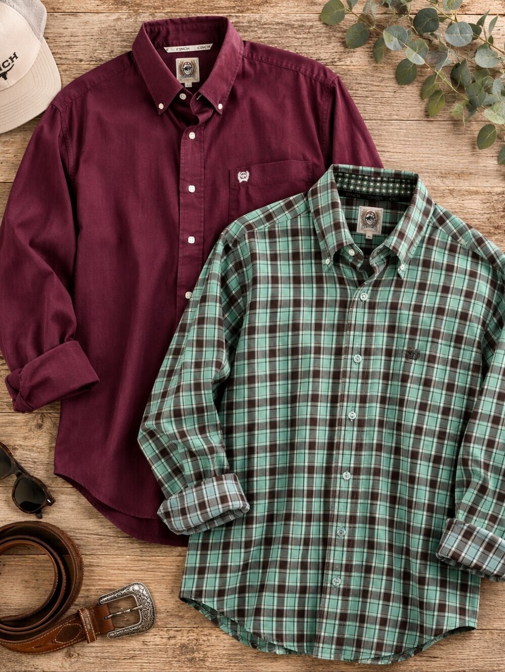 Lot Of 2 Cinch Cotton Western Maroon Green Square Button Shirts. Mens L